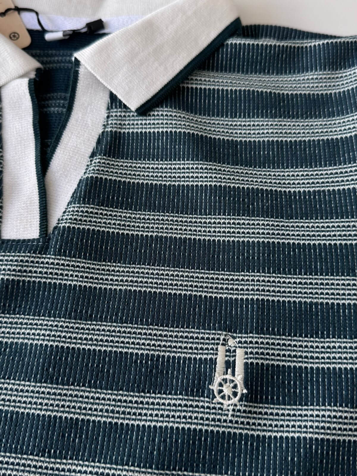 Polo Dama Rayas Verde Petróleo Cuello Blanco