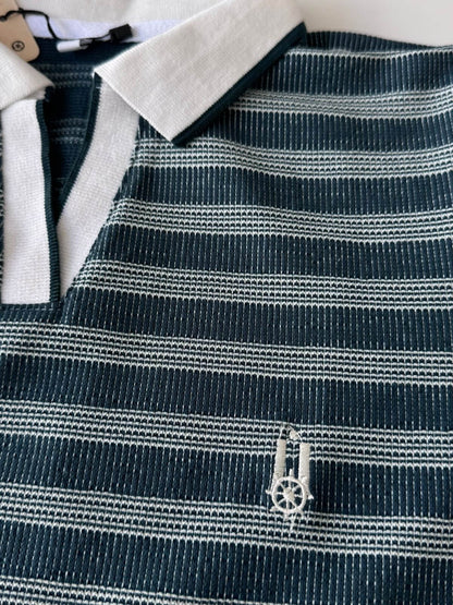 Polo Dama Rayas Verde Petróleo Cuello Blanco